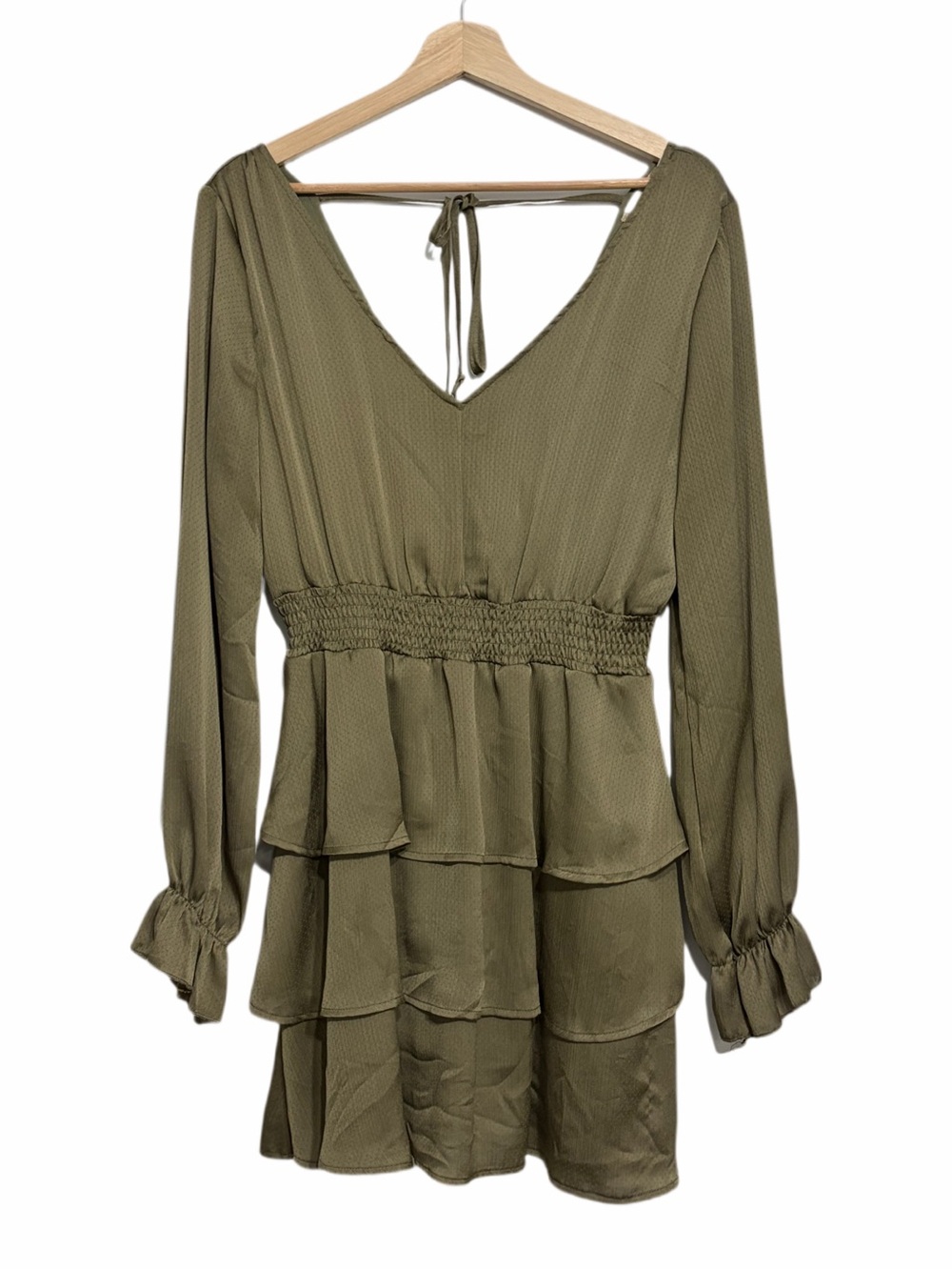 Altar’s State Tiered Ruffle Dress Long Sleeves Olive Green V-Neck Size Medium - Picture 5 of 12